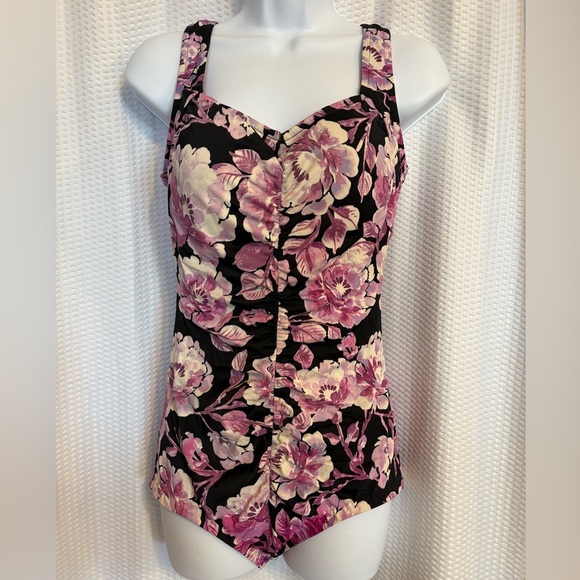 Azul black with purple & white floral print one-piece swimsuit size 12 - Picture 6 of 6